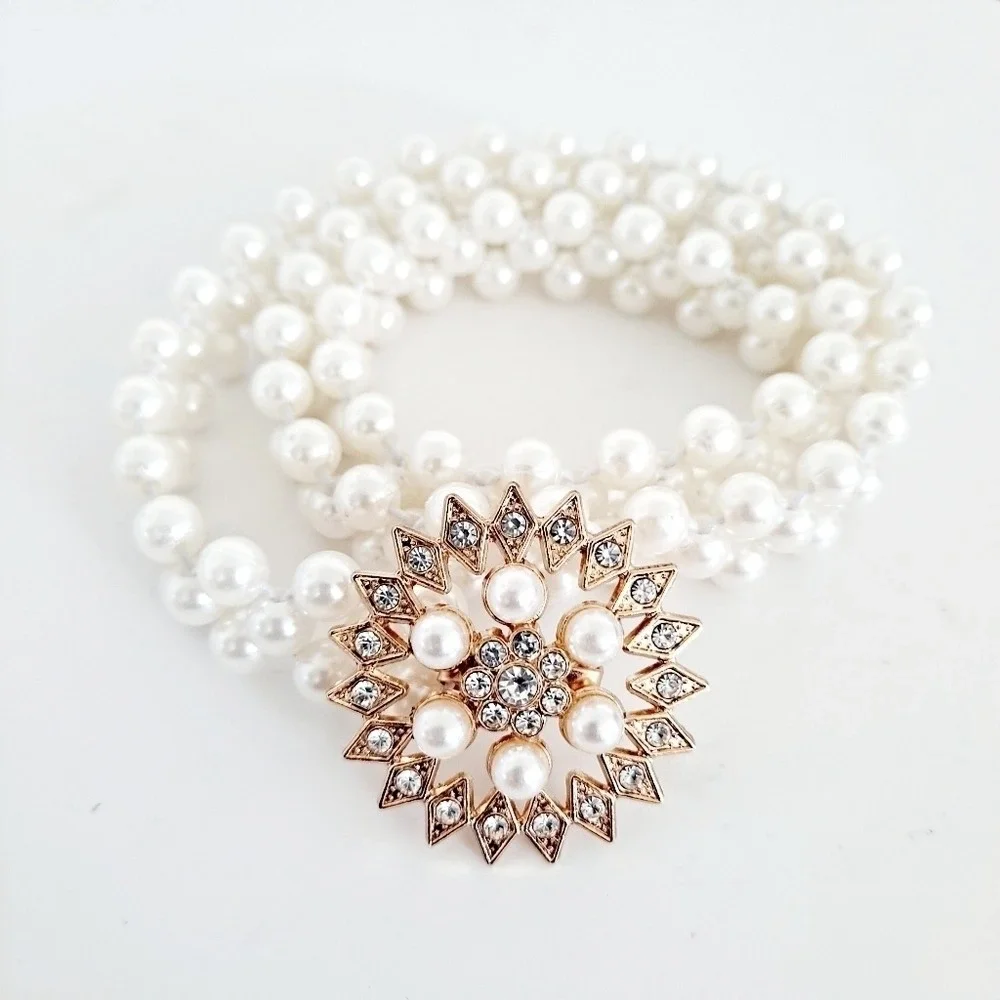 Pearl Stretch Waist Gold Rhinestone Buckle Belt Elastic Coquette Bridal Wedding